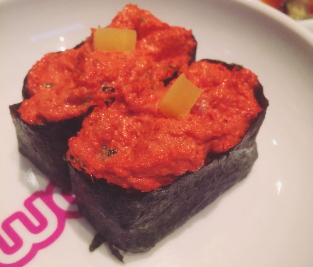 Spicy tuna gunkan. I didn't try this one, but I got a good bit of it up my nose. Being fish keepers, we both agreed this smelt exactly like an aquarium. It was definitely worth casting off for this one